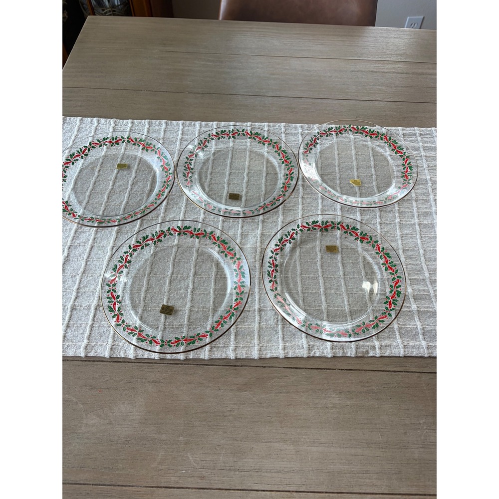 Arcoroc France Christmas Holly Ribbon Glass Plates Set 5 Gold Rim 1993 Vintage